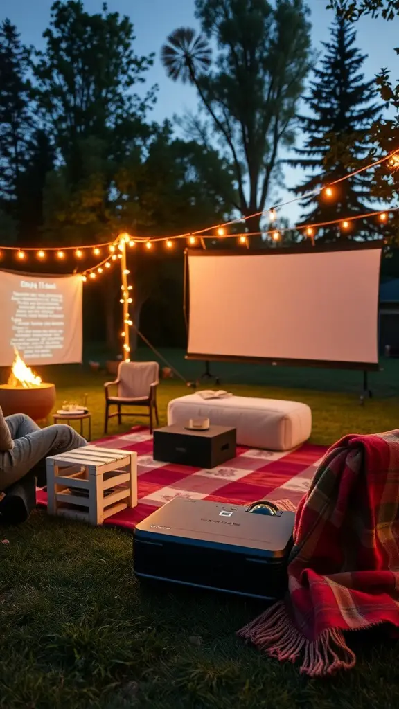 A cozy outdoor movie setup with string lights, a projector, and seating on the grass.