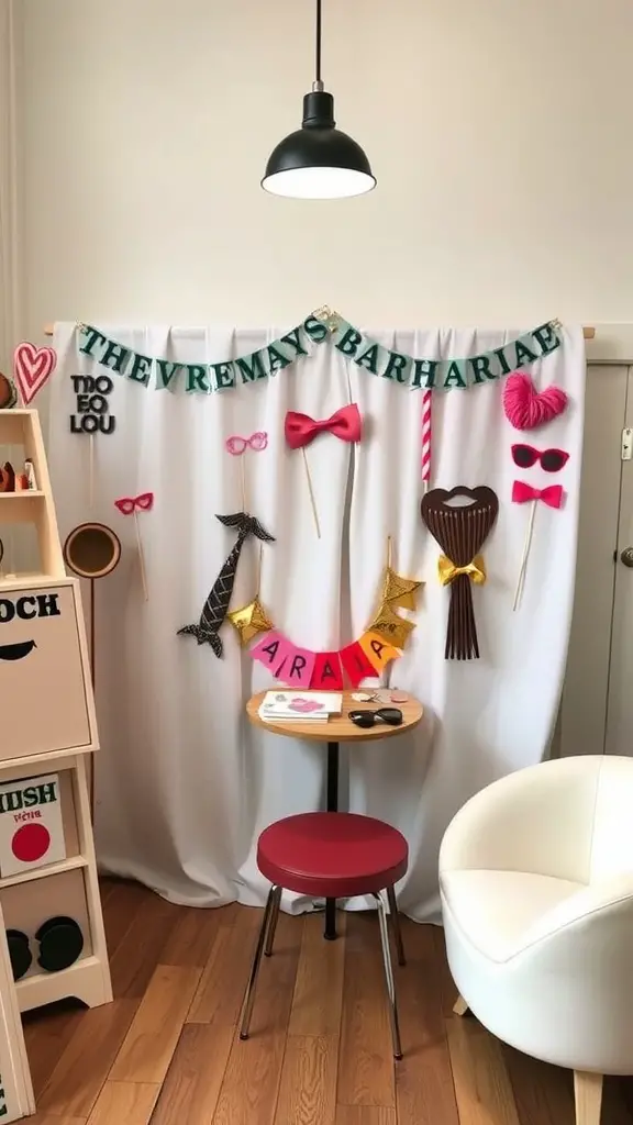 A DIY photo booth corner with colorful props and a cheerful backdrop.