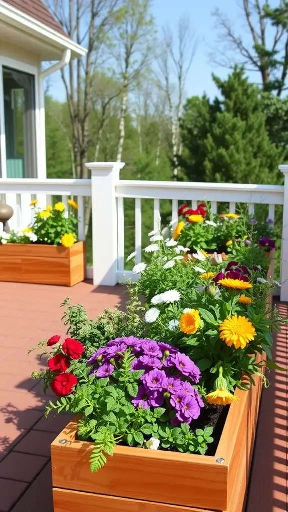 19 Affordable DIY Deck Ideas to Transform Your Outdoor Space 7 Wooden planter boxes filled with colorful flowers on a deck