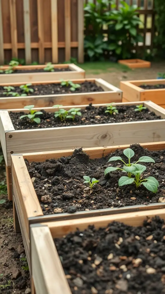 Wooden raised garden beds with young plants growing in rich soil.