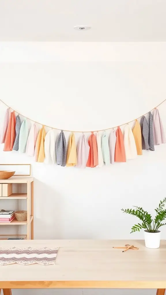 A colorful DIY sewn fabric garland hanging on a wall, featuring fabric tassels in various pastel shades.