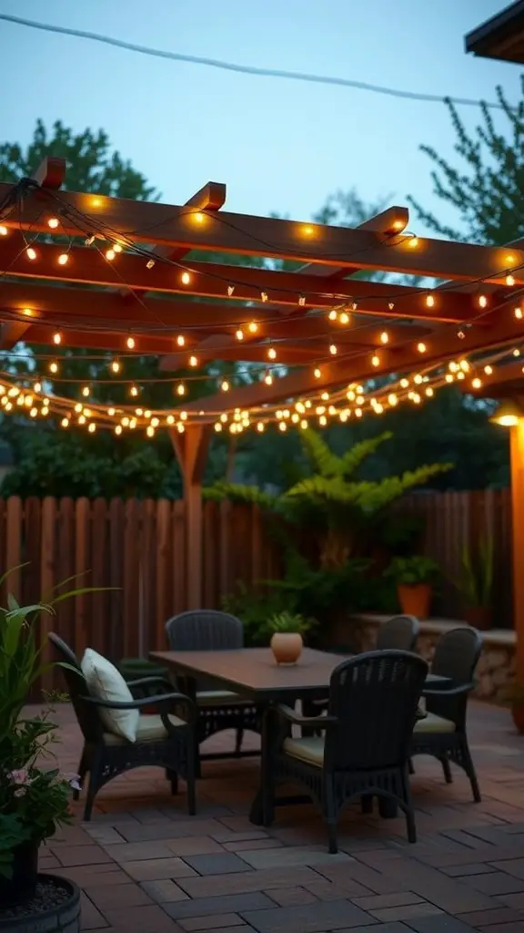 A cozy outdoor patio with a string light canopy creating a warm atmosphere.