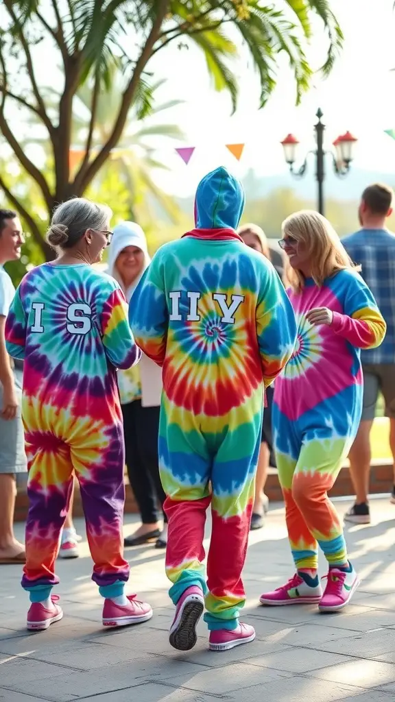 21 Creative Summer Baby Shower Ideas to Celebrate the Arrival of Baby 12 A group of people wearing colorful tie-dye outfits at a summer gathering.