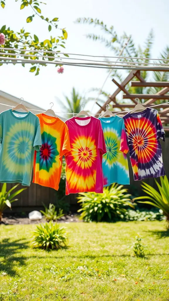 17 Fun Summer Craft Ideas for Endless Creativity 7 Colorful tie-dye t-shirts hanging on a clothesline in a sunny garden