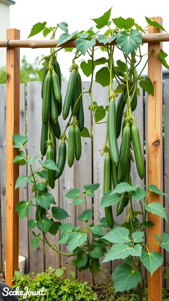 Wooden trellis supporting green cucumbers in a garden