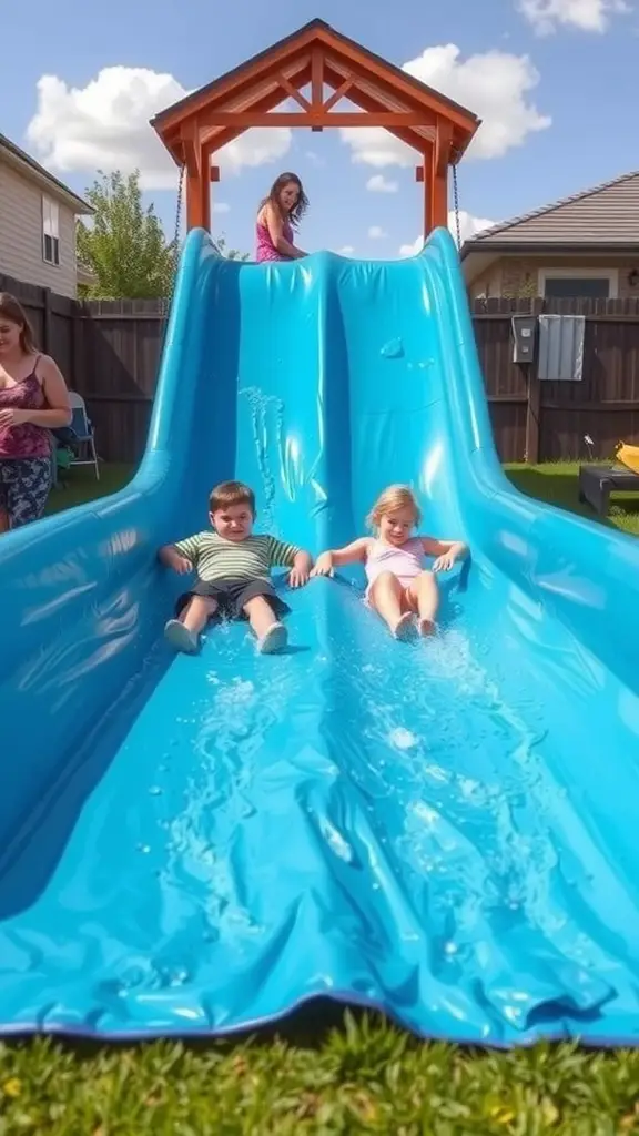 Children enjoying a blue water slide in a backyard on a sunny day.