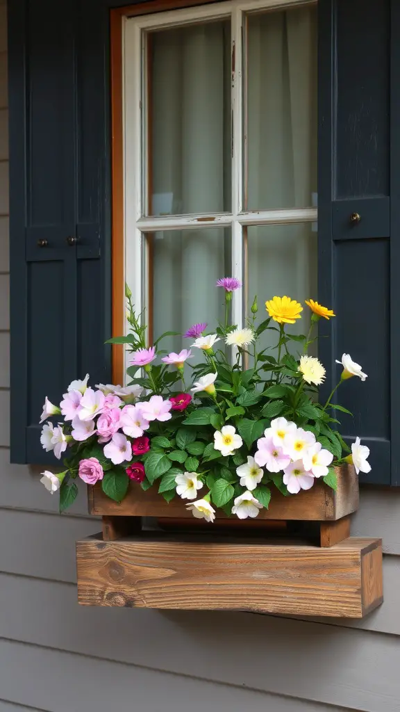 A wooden window box planter filled with colorful flowers, enhancing the curb appeal of a house.