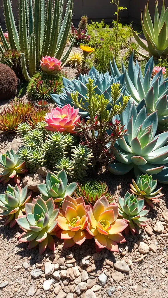 A colorful drought-resistant succulent garden featuring various succulents in full sun.