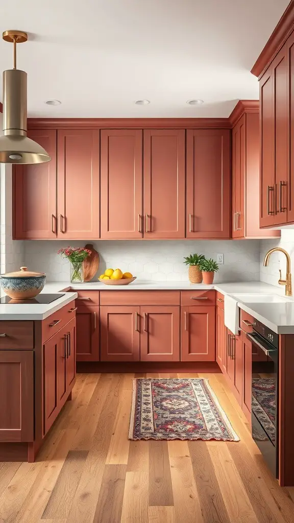 A kitchen with dusky rose cabinets, natural maple accents, and a cozy atmosphere.