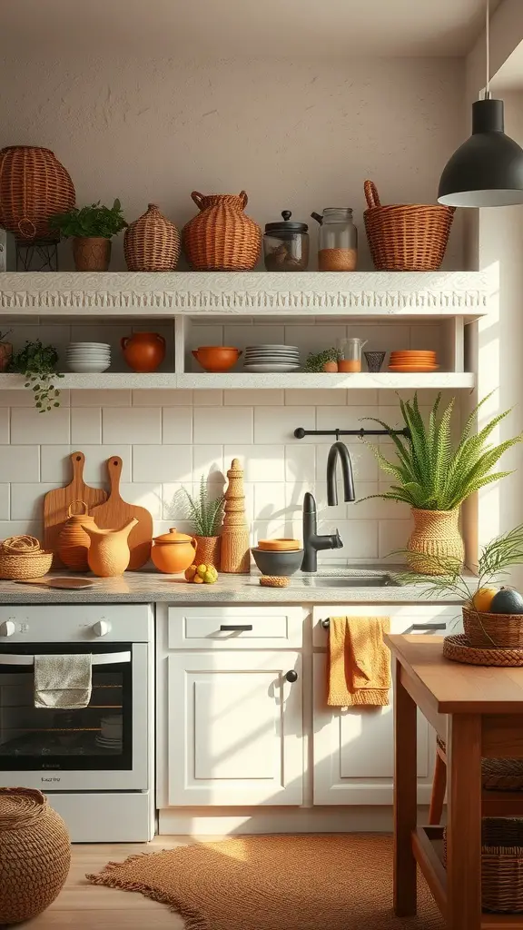 27 Cozy Kitchen Ideas to Warm Up Your Space 15 A warm kitchen decorated with earthy elements like baskets, terracotta pots, and plants, showcasing a cozy atmosphere.