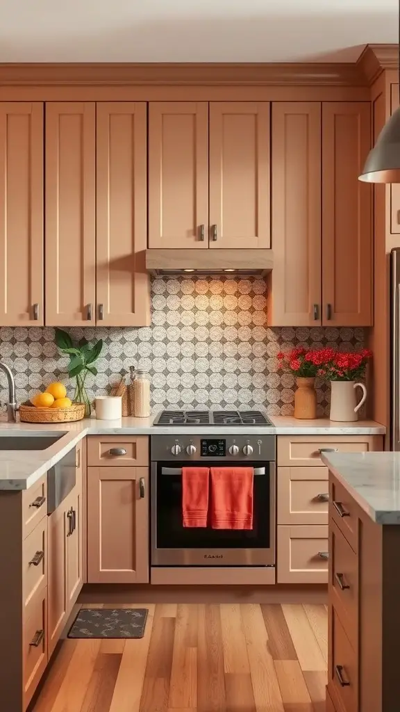 A cozy kitchen featuring earthy taupe cabinets and soft coral accents, with a patterned backsplash and natural decor.