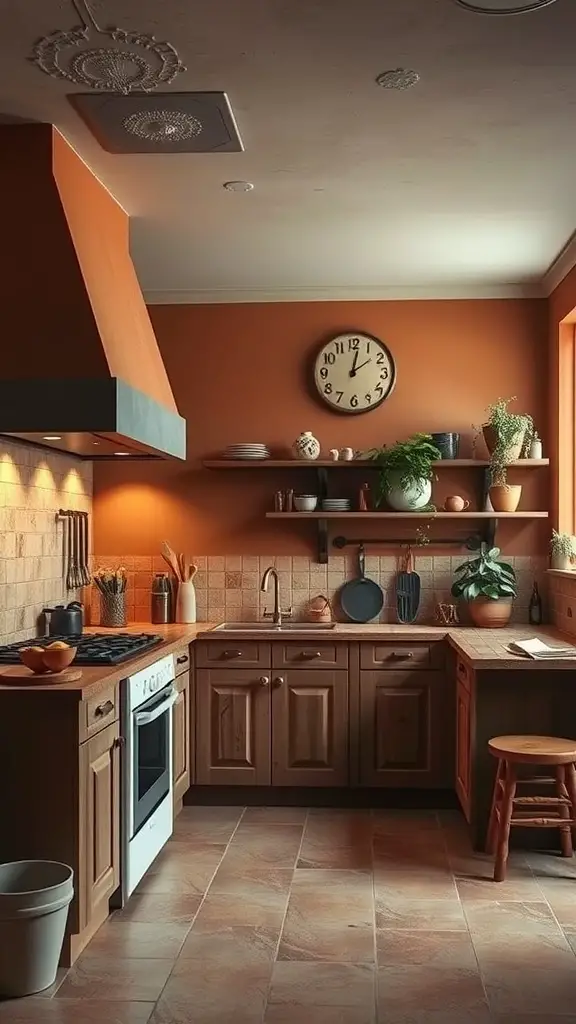 A warm terracotta kitchen with wooden cabinets, plants, and a cozy atmosphere.