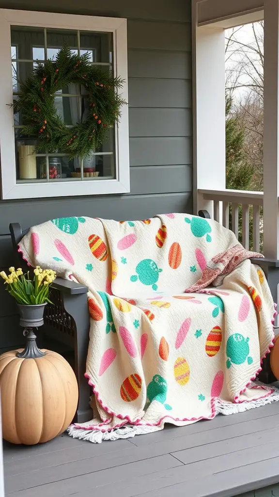 A cozy Easter-themed throw blanket with colorful egg patterns on a porch bench, surrounded by spring decor.