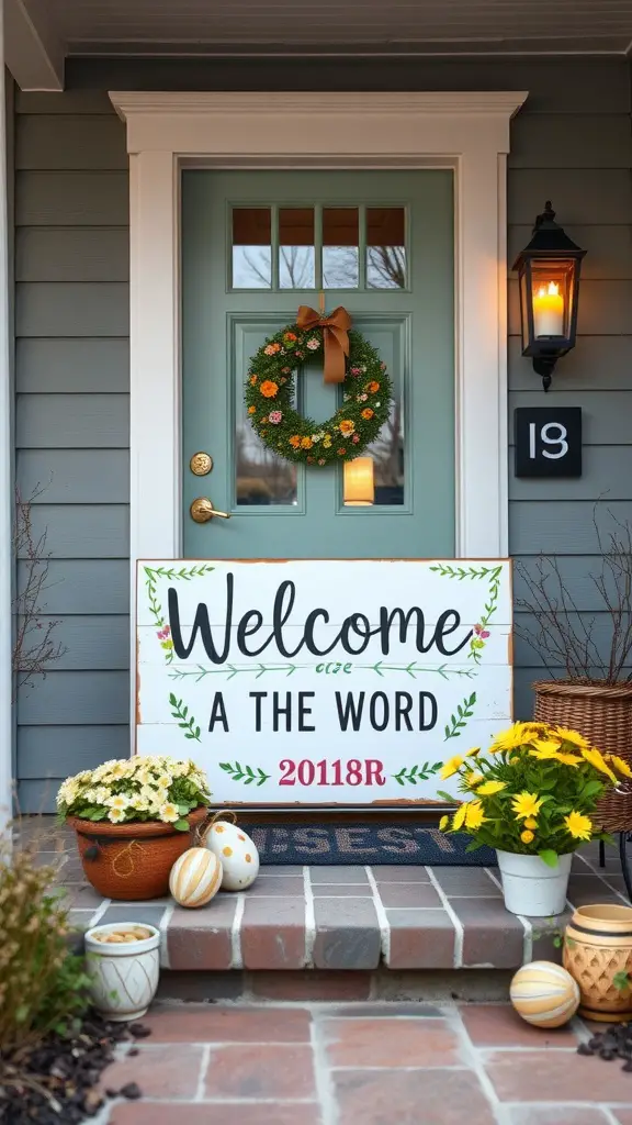 A welcoming Easter-themed sign on a front porch decorated with flowers and a wreath.