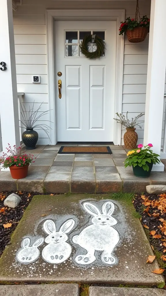 Three bunny footprints drawn on a porch leading to a white door