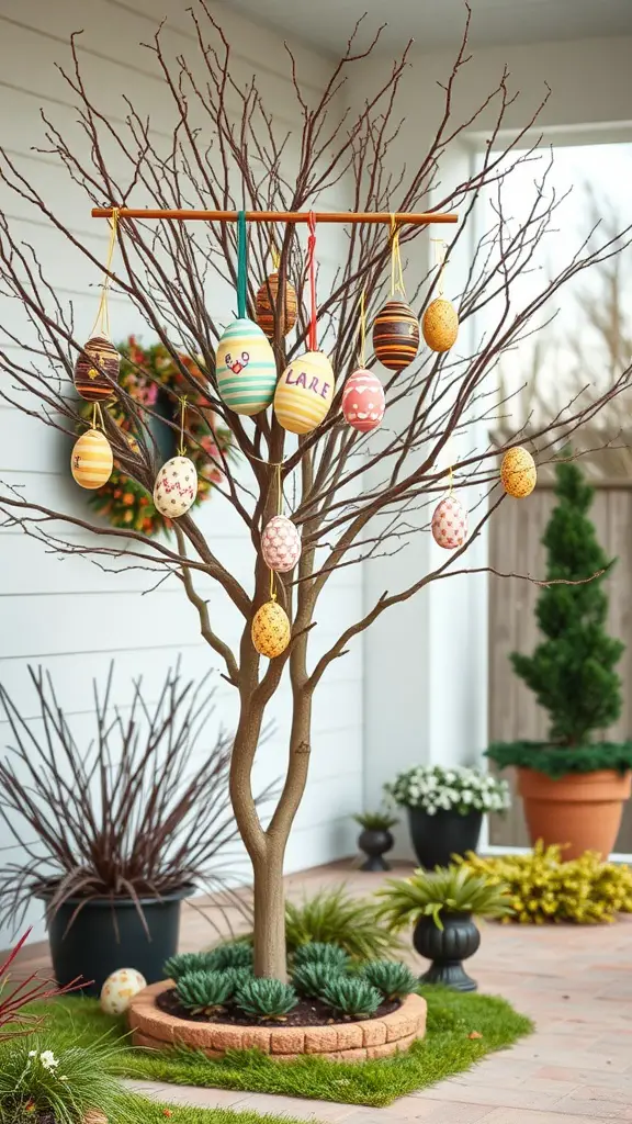 A decorative Easter egg tree with colorful eggs hanging from branches.