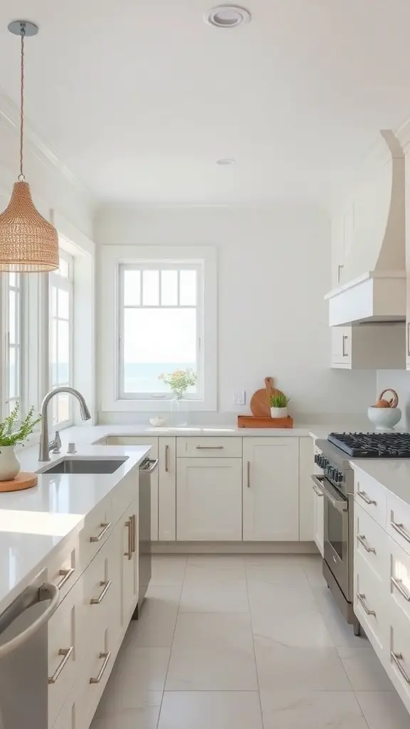 A modern beach house kitchen with white cabinets and countertops, featuring large windows and easy-clean surfaces.