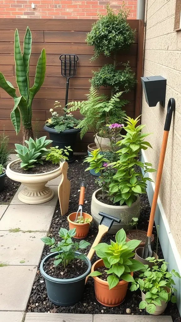 A small patio garden featuring various potted plants, gardening tools, and a wooden fence.