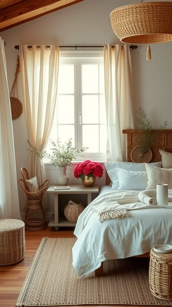 27 Stylish Summer Bedroom Ideas to Refresh Your Space 16 A cozy summer bedroom featuring a mix of textures with white bedding, wicker furniture, and natural light.