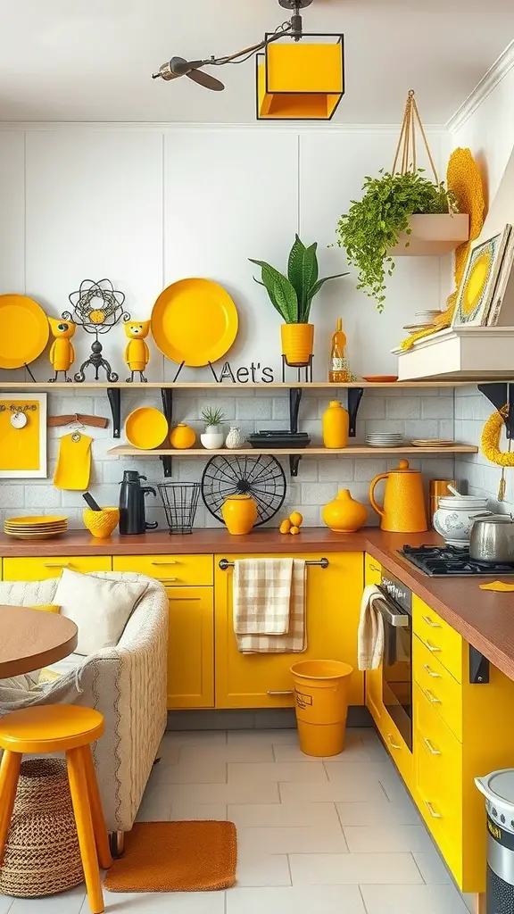 Eclectic yellow kitchen with vibrant decor and plants