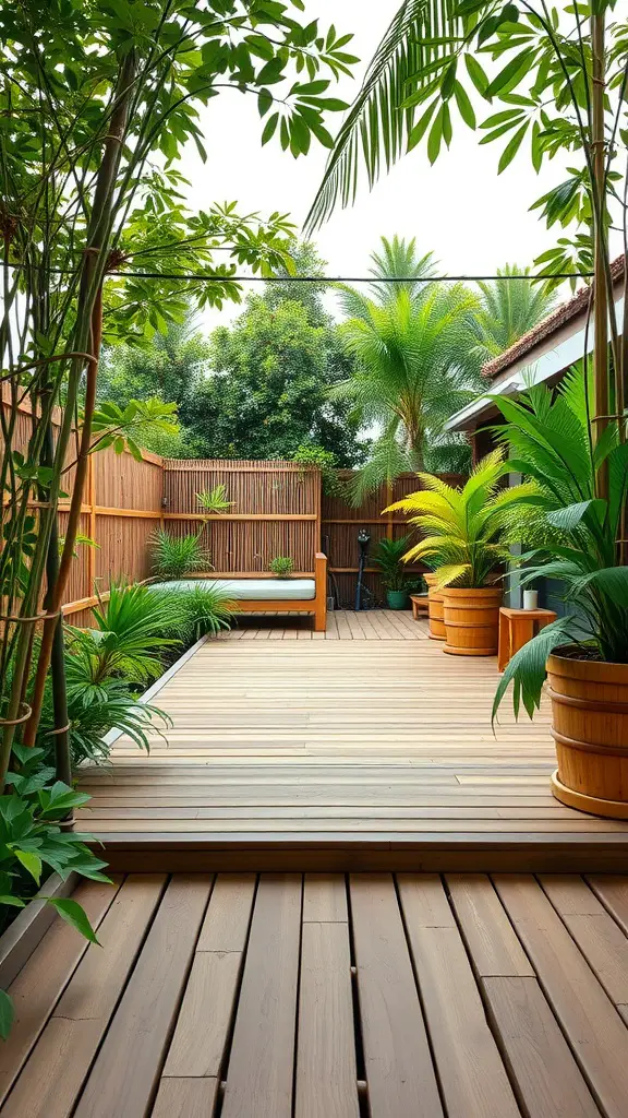 15 Creative Garden Decking Ideas for Your Outdoor Space 3 A serene bamboo deck surrounded by lush green plants.