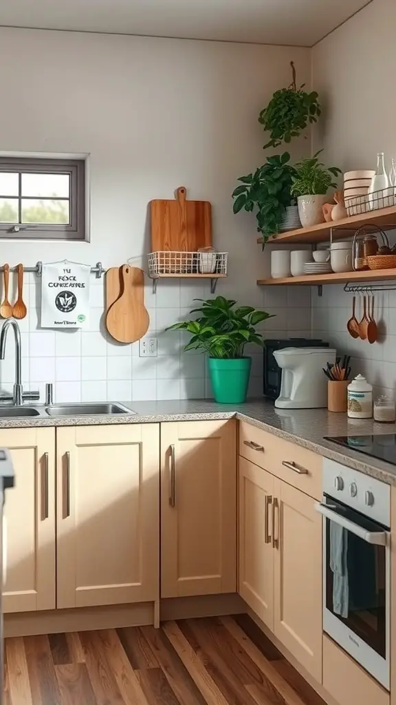 A contemporary kitchen featuring wooden cutting boards, plants, and energy-efficient appliances.