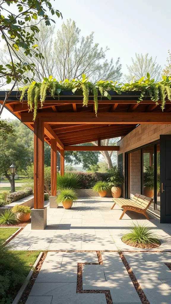 Eco-friendly patio with a green roof and wooden structure, showcasing potted plants and a stone pathway.