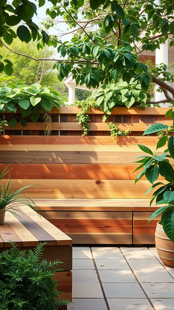 Eco-friendly reclaimed wood banquette surrounded by greenery