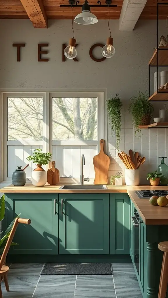 Eco-friendly kitchen with green cabinets, wooden accents, and plants.