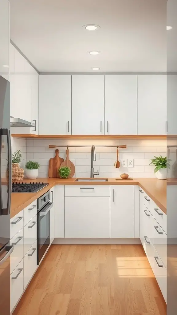 A modern eco-friendly white kitchen featuring sustainable materials, wood accents, and plants.