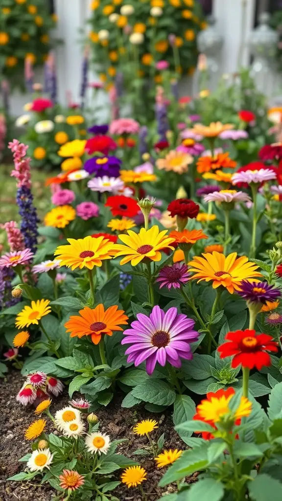 A vibrant garden bed filled with various colorful edible flowers.