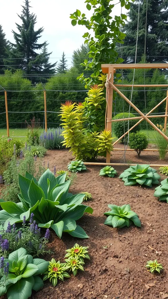 A backyard garden with a variety of plants, including hostas and flowering herbs, showcasing an edible landscape design.