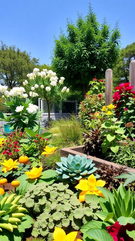 A vibrant garden filled with colorful flowers, lush green plants, and a blue-green succulent, illustrating the concept of edible landscaping.