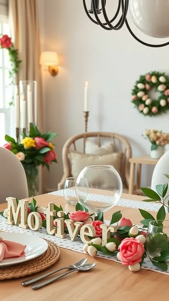 A beautifully arranged table with a garland made of flowers and a decorative word 'Motiver' in the center