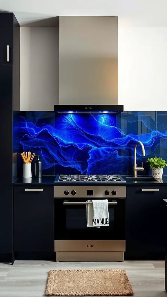 A modern kitchen featuring electric blue backsplash with dark cabinets and gold accents.