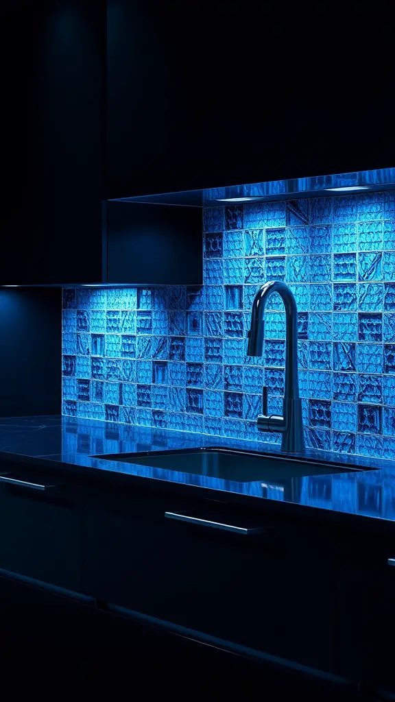 A kitchen with electric blue glitter tiles as a backsplash, featuring dark kitchen cabinets and a sleek faucet.