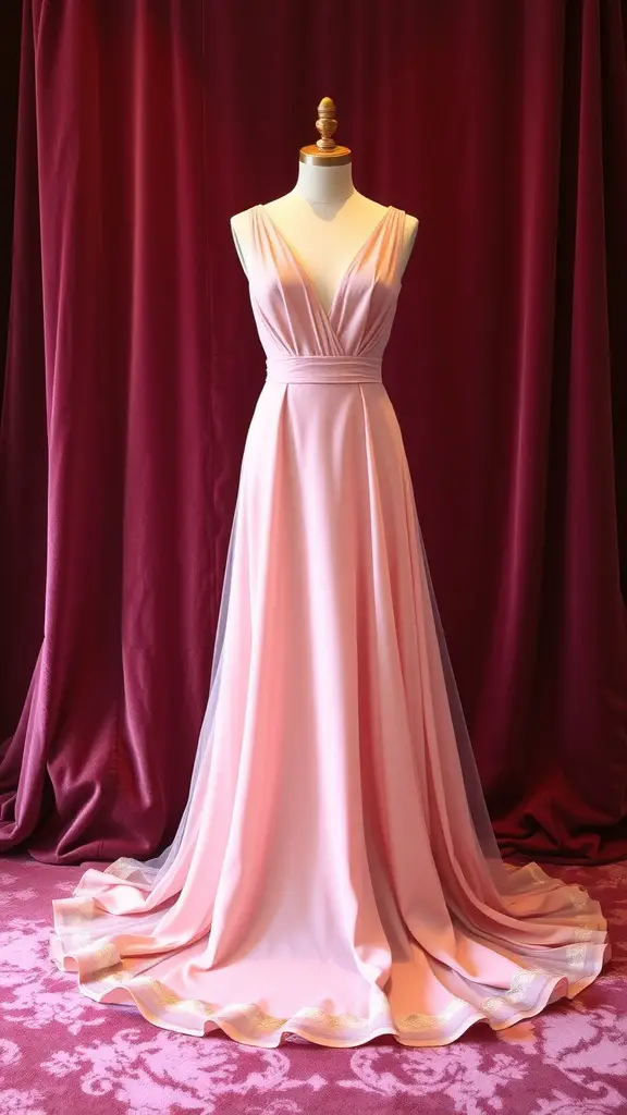 21 Stylish Summer Wedding Guest Dress Ideas to Make You Shine 13 An elegant blush pink gown displayed on a mannequin against a rich burgundy backdrop.