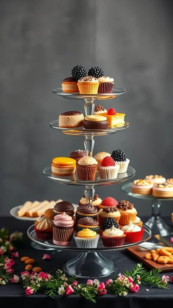 A multi-tiered cake stand filled with various desserts including cupcakes and pastries.