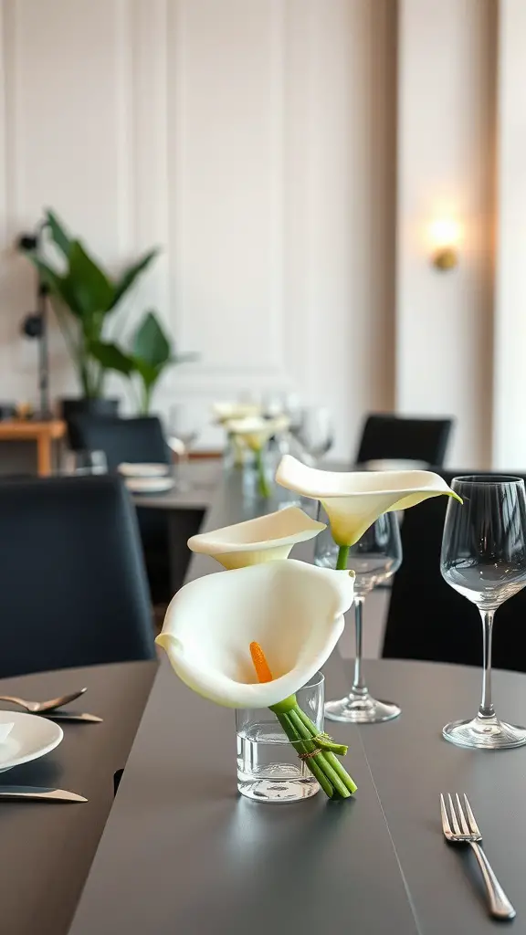 33 Stunning Summer Wedding Flower Ideas You’ll Love 14 Elegant calla lilies in glass vases on a modern dining table, showcasing simplicity and sophistication.