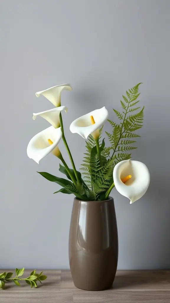 17 Stunning Summer Flower Arrangement Ideas 16 A stylish arrangement of white calla lilies and green ferns in a brown vase against a light background.