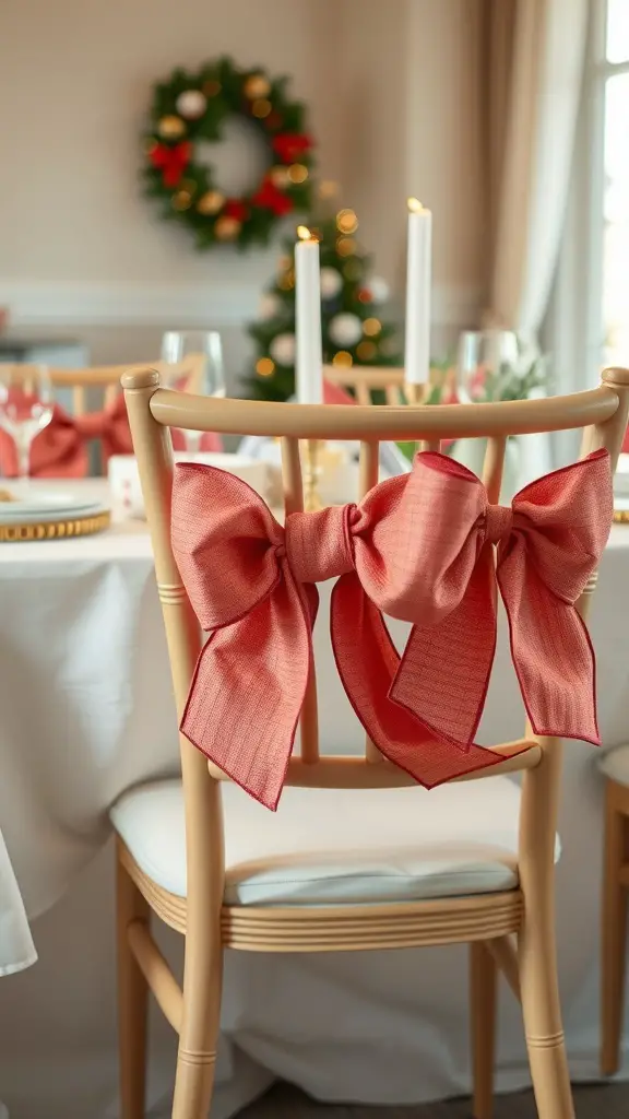 A wooden chair with a coral bow tied around it, set in a beautifully decorated room with festive elements.