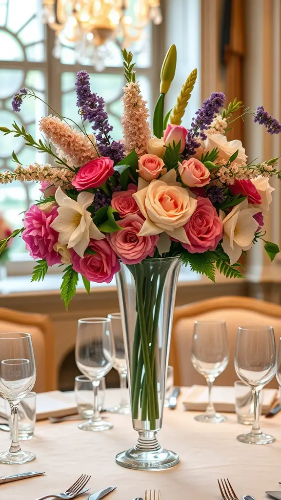 A beautiful arrangement of roses and lilies in a tall crystal vase on a dining table.