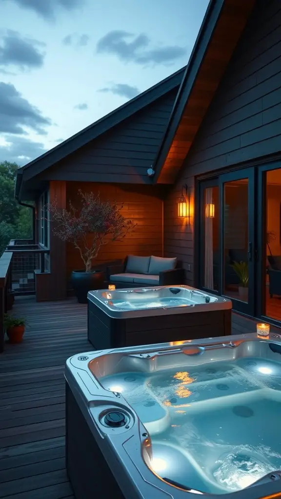 27 Inspiring Outdoor Deck Ideas You'll Love 15 An elegant deck featuring two hot tubs with soft lighting, a cozy seating area, and a serene outdoor atmosphere.