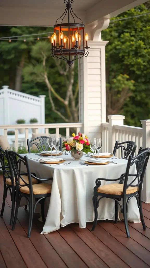 25 Stunning Deck Furniture Ideas for Your Outdoor Oasis 10 An elegant outdoor dining set with a white tablecloth, surrounded by stylish black chairs and a floral centerpiece.
