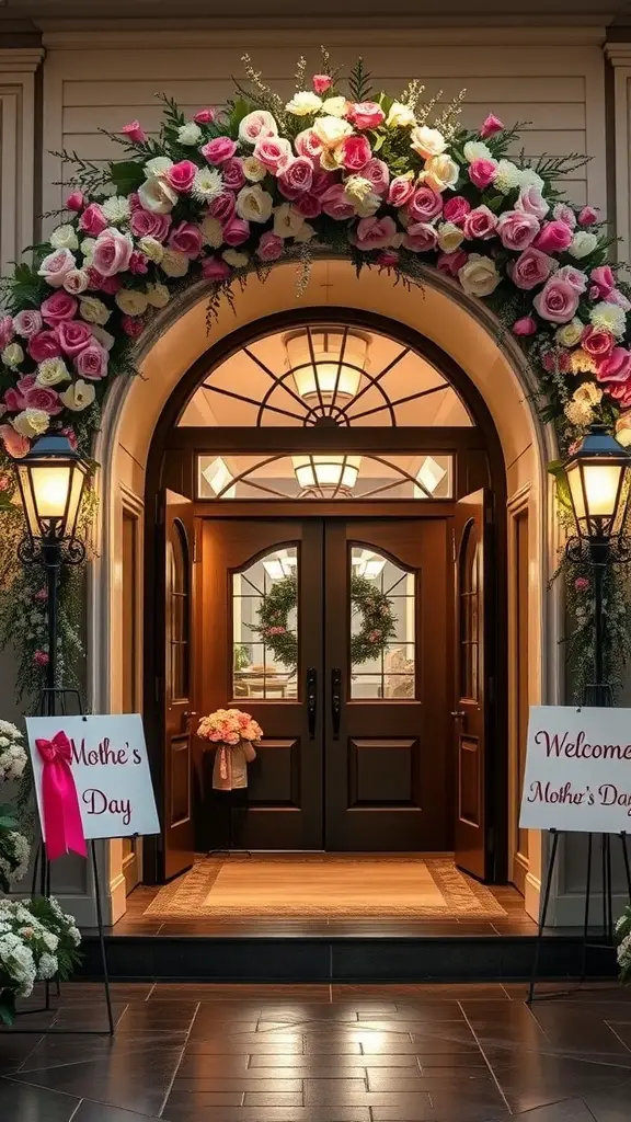 An elegantly decorated entrance for Mother's Day with flowers and welcoming signs.