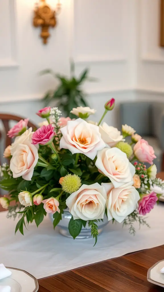 A floral centerpiece featuring soft pink and white roses in a vase, set on a table.