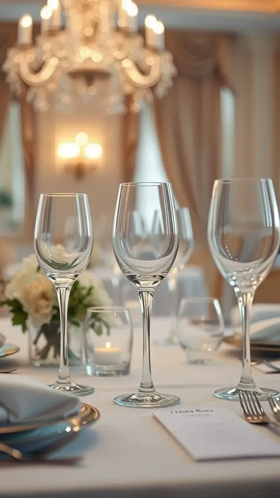 Elegant glassware set on a dining table with a floral centerpiece.