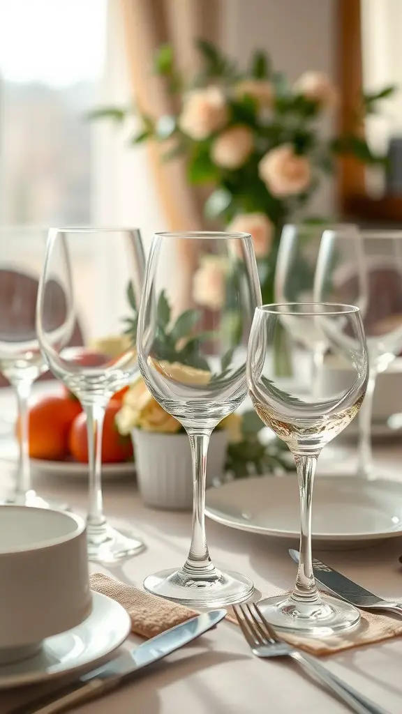 Table set with elegant glassware, fresh flowers, and fruits for a Mother's Day brunch.