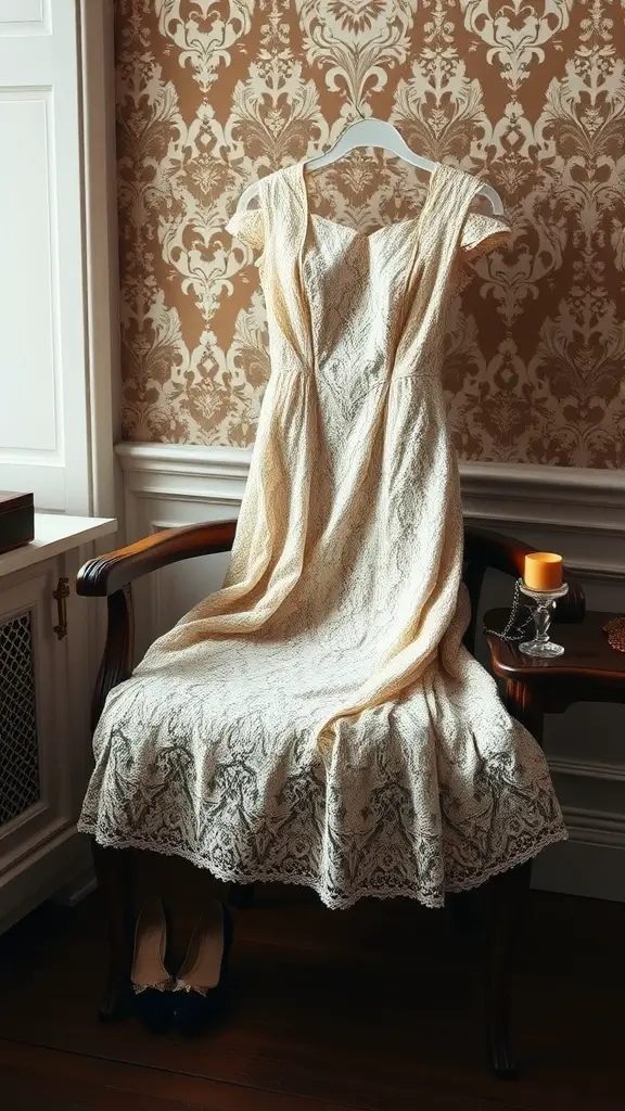 21 Stylish Summer Wedding Guest Dress Ideas to Make You Shine 2 An elegant lace cocktail dress displayed on a wooden chair with a stylish background.