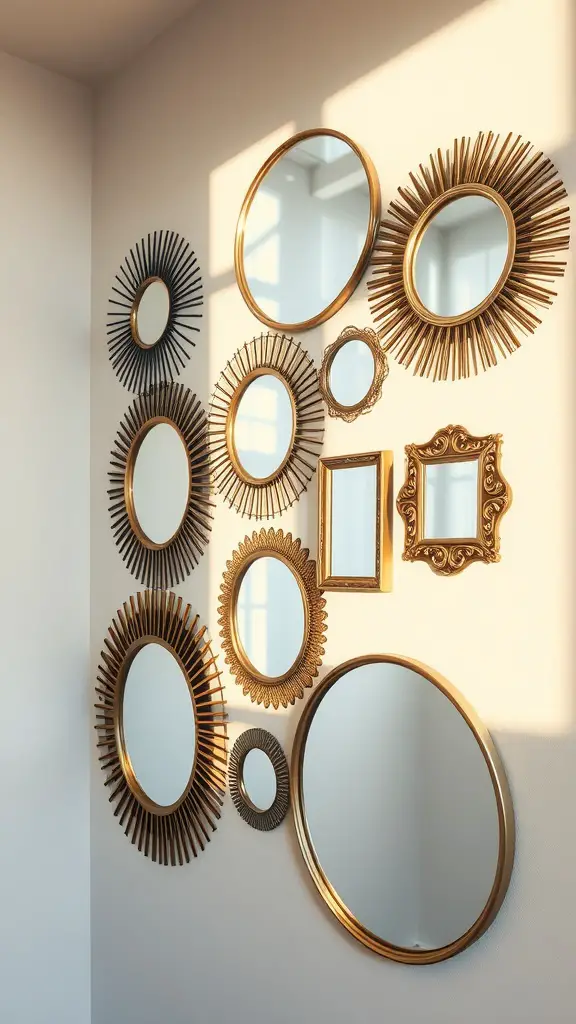 A wall display of various elegant mirrors in different shapes and frames arranged artfully.